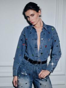 Anewsta 女士浪漫亮片长袖衬衫，时尚、迷人、性感，饰有水钻，适合情人节派对、度假等场合，蓝色 - 藍色 - 查看 7