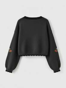 ROMWE Fairycore Casual Embroidered Contrast Trim Lantern Sleeve Cardigan, Autumn/Winter - Grey - View 3