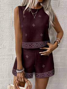 EMERY ROSE Women's Floral Print Sleeveless Shirt And Shorts Casual 2-Piece Set - Burgundy - View 5