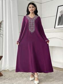 SHEIN Teen Girls' Embroidered Purple Long Sleeve Dress,Elegant Autumn Modest Arabic Jalabiya Abaya - Purple - View 6