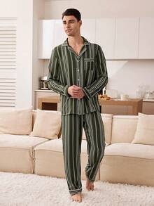 SHEIN 绿白条纹印花泡泡褶皱男士长袖衬衫和裤子睡衣套装