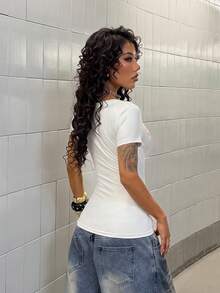 StreetHx Women's Summer V-Neck Tight T-Shirt With Wing Subculture Retro Punk Subculture Anime V-Neck Short Sleeve T-Shirt - White - View 3