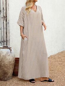 EMERY ROSE 女士V领条纹印花斜插口袋休闲连衣裙 - 彩色 - 查看 5