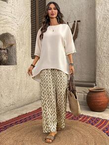 EMERY ROSE Women's Vacation Solid Color 3/4 Sleeve Top And Geometric Print Wide Leg Pants Casual 2 Pieces Set Blouse And Pants Set Two Piece Set Women Ladies Casual Sets 2 Piece Linen Sets Woman Vacation Outfits Women Casual Women's Dresses  Casual Women's Dresses - Khaki - View 1