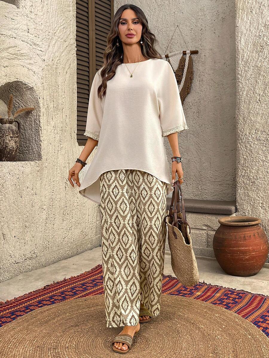 EMERY ROSE Women's Vacation Solid Color 3/4 Sleeve Top And Geometric Print Wide Leg Pants Casual 2 Pieces Set Blouse And Pants Set Two Piece Set Women Ladies Casual Sets 2 Piece Linen Sets Woman Vacation Outfits Women Casual Women's Dresses Casual Women's Dresses - Khaki - View 1