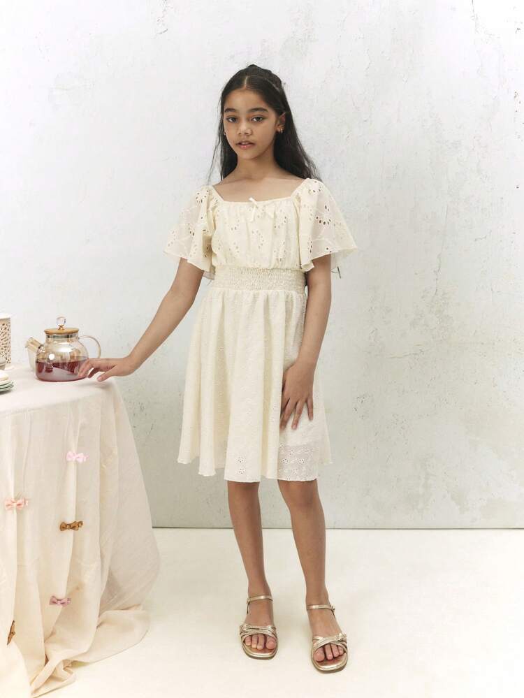 Off Shoulder Broderie Smocked Mini Dress