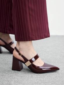 CUCCOO BIZCHIC 女士时尚杏色金属搭扣装饰粗跟鞋，经典简约设计，适合通勤、约会、派对、度假、婚礼等场合。 - 巧克力棕 - 查看 5