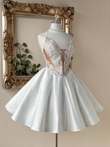 Lovelzi Đầm dạ hội ngắn dáng đuôi cá sang trọng, cổ chữ V sâu, chất liệu satin cao cấp, thêu ren 3D tinh tế, phù hợp cho các buổi dạ tiệc và ngày Valentine. - trắng - Xem 6