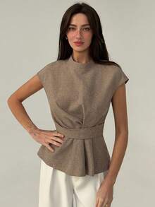 Aloruh Goddess Waist Pleated Flare Khaki Commuter Shirt - Khaki - View 5