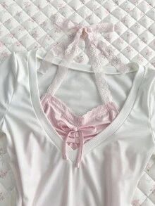 Elamini Camiseta ajustada de manga corta con volantes, parches de color contrastante y lazo, de canalé blanco, para mujer, para primavera/verano, uso diario, oficina minimalista, elegante y versátil - Blanco - Ver 3