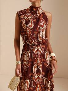 SHEIN Veneréa Vintage Cashew Print Asymmetric Hem A-Line Dress For Women, Vacation - Burgundy - View 6