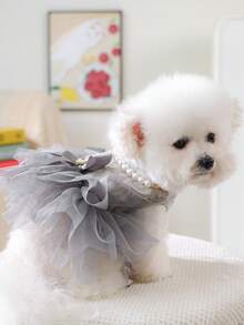 PETSIN 1 Piece Of Clothing For Cats/Dogs, Decorated With Pearl Necklace Dress, Spring And Summer Pet Gray Fluffy Gauze Skirt - Grey - View 9