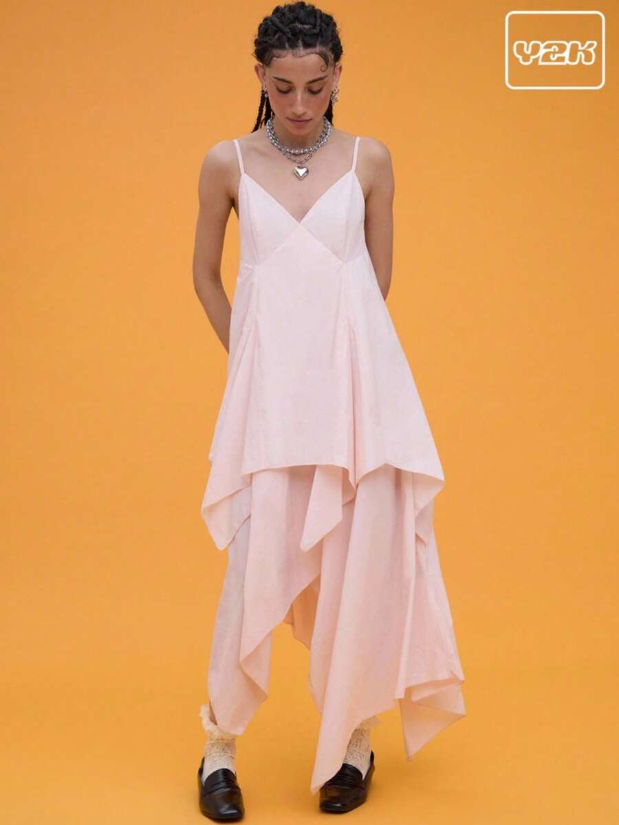 COUREZ Hankie Hem Maxi Dress /Summer Dress Summer Outfits For Women Vacation Outfits Y2K Vintage - Pink - View 1