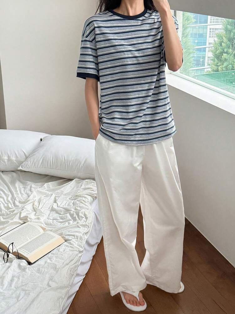 Striped T-Shirt Top & Solid Color Pajama Pants Women Sleepwear Set