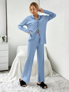 EURMUSE 2pcs Set: Contrast Stitching Ribbed Long Sleeve Top And Pants Pajama Set - Blue - View 5