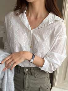 DAZY Lightweight Jacquard Long Sleeve Casual Blouse For Women, Spring - White - View 5