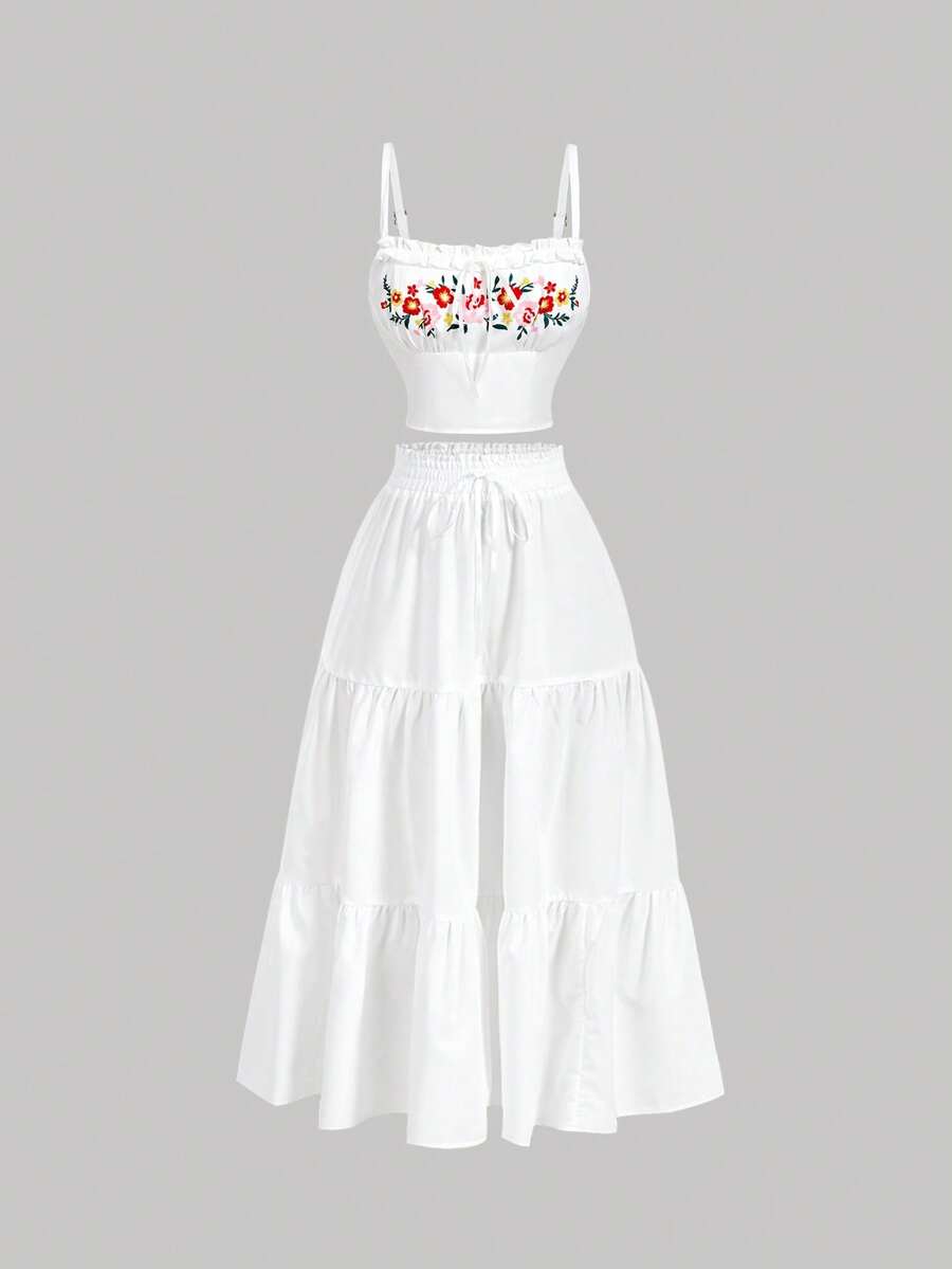 SHEIN MOD 女士印花吊带背心，胸部褶皱设计，层叠下摆半裙两件套