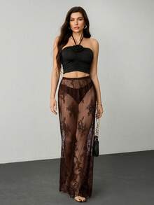 SHEIN Tall Y2K 女士黑色夏季时尚性感透视蕾丝超长百搭半身裙 - 棕色 - 查看 4