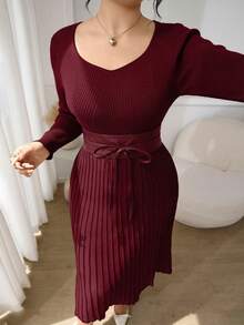 Modelyn Plus Size Elegant Commuter Solid Color Tie Waist Knit Dress - Burgundy - View 5
