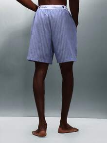 PLAYBOY X SUMWON Pinstripe Waistband Logo Regular Fit Casual Elasticated Summer Lightweight Cotton Blend Bermuda Casual Walking - Blue and White - View 2