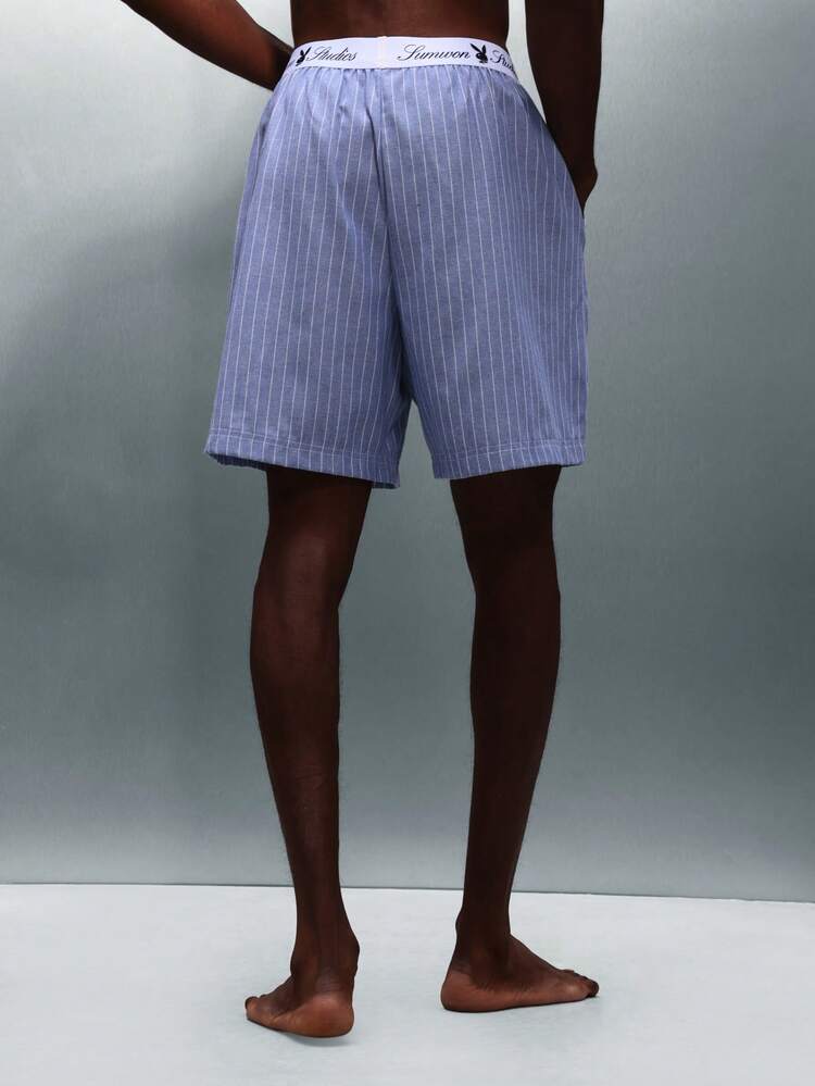 PLAYBOY X SUMWON Pinstripe Elasticated Waist Logo Band Shorts