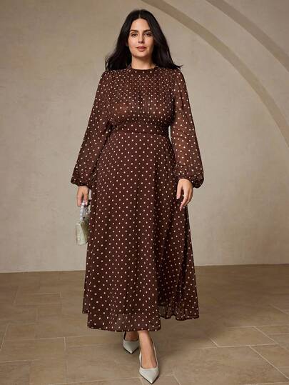 Aveloria Rosie Elegant Polka Dot Print Dress With Pleated Bust And Waist Cinching, Long Sleeve Plus Size