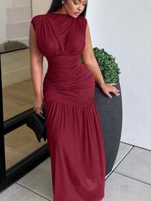 Alexandranx Fashionable New Solid Red Mock Neck Sleeveless Sexy Hollow-Out Mesh Patchwork Pleated A-Line Dress, Suitable For Graduation Party, Holiday Events, Date - Burgundy - View 5