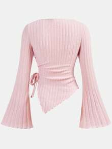 Girlism Teen Girls' Pink Drawstring Asymmetric Hem Bell Sleeve T-Shirt, Comfortable Autumn Tee - Pink - View 2
