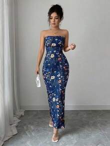 Rafferiza Vestido ajustado con abertura y estampado floral de rama elegante con fruncido para mujer - Azul Marino - Ver 7