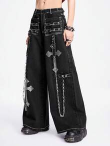 ROMWE Grunge Punk Celana Jeans Wanita Model Lebar dengan Hiasan Rantai Berlian Imitasi dan Salib - Hitam dan Putih - View 4