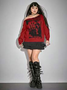 ROMWE Grunge Punk 大码女式骷髅扎染印花宽松不对称领复古音乐节派对毛衣