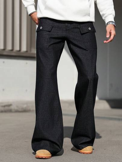 Manfinity Roghcode Men's Spring Casual Vintage Washed Blue Straight Leg Slim Fit Jeans With 3D Pockets