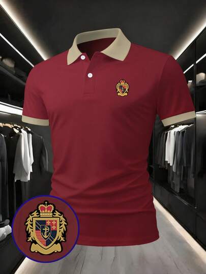 Manfinity Dauomo Polo para hombre, estilo de calle maduro y elegante con estampado de insignia de color contrastante, manga corta, primavera/verano