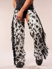 FeverCity Men's Hollow Out All-Over Print Fringe Design Pants Western Pants Fringe Pants Cowboy Chaps Men - Black and White - View 4