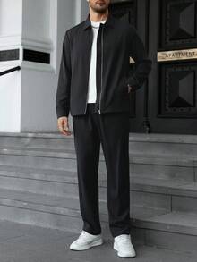 Manfinity CasualCool 男士纯色翻领拉链夹克搭配抽绳腰长裤休闲通勤套装 - 黑色 - 查看 6