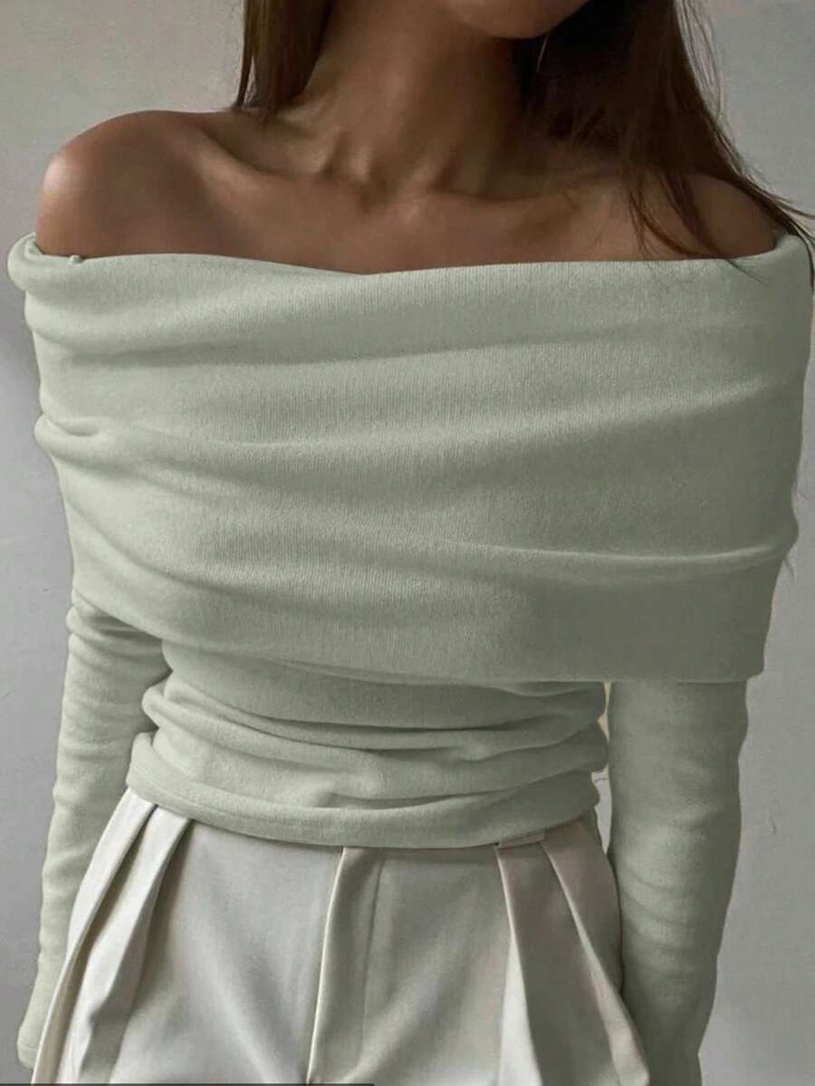 DAZY Camiseta ajustada de hombros descubiertos para mujer, nueva llegada de otoño/invierno - verde menta - Ver 1