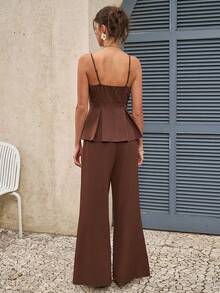 Cévolie Women's French Style Elegant Camisole Top And Wide Leg Pants Set, Casual Vacation Outfit, Spring/Summer - Brown - View 2