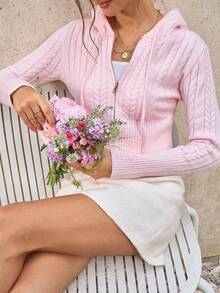 Cévolie Women's Cable Pattern Long Sleeve Zip-Up Hooded Cardigan - Pink - View 1