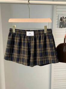 Comfortcana Quần short kẻ caro dáng rộng, cạp chun, đa năng cho mùa hè. - Màu vàng - Xem 3