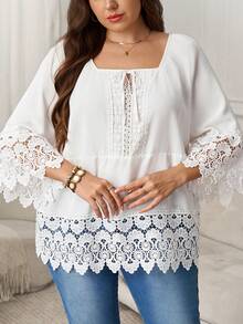 SHEIN LUNE Blouse élégante à bordure en dentelle de couleur unie, respirante et confortable. Élégante pour la Saint-Valentin - Blanc - Voir 5