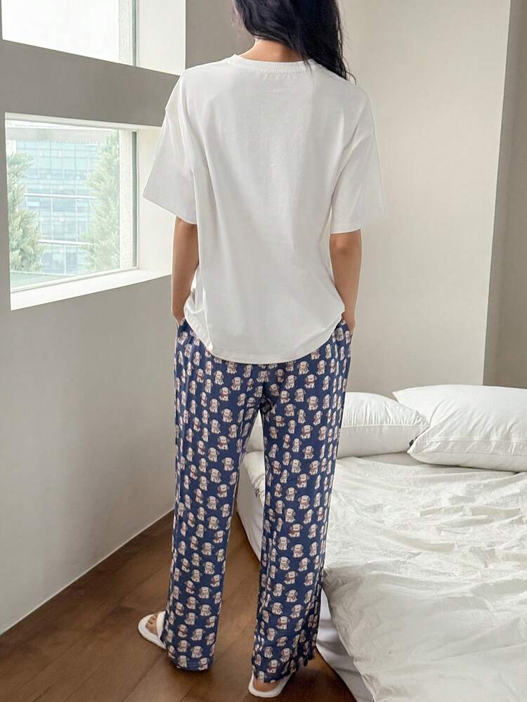 2pcs Women Letter Print Loose Short Sleeve T-Shirt And Full Length Pants Pajama Set