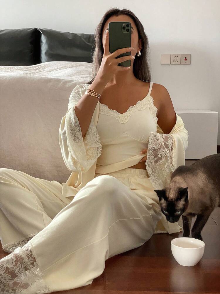 3pcs Lace Patchwork Robe, Cami Top & Pants Women Sleepwear Pajama Set, Fall Winter Clothes Pajama