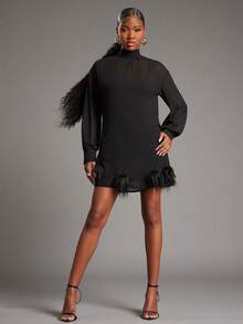 NYA SZN 迷你连衣裙，羽毛装饰，灯笼袖，雪纺欧根纱面料，端庄优雅，长袖圆领，适合外出、夜店、俱乐部等场合，尽显优雅复古风情。冬季金属光泽点缀，褶皱袖口设计，适合假日、圣诞派对、节日、新年夜、新年除夕、日常休闲早午餐、冬春季通勤等各种场合。 - 橘色 - 查看 4