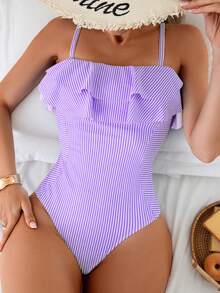 Swim Vcay Women's Casual Ruffled Striped Patchwork Random Print One-Piece Swimsuit, Suitable For Beach, Resort, Spring/Summer Lavender Swimsuit Summer Swimsuit - Multicolor - View 6