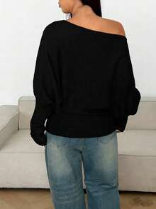 Sunnyshic Áo len nữ cỡ lớn, màu trơn, kiểu dáng rộng rãi, hở vai, phong cách thường ngày. - màu đen - Xem 2