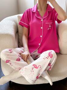 SHEIN Napfluff 女士荷叶边火烈鸟图案开衫短袖上衣和长裤睡衣套装 - 玫紅色 - 查看 6