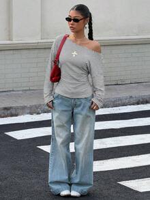 Muchica Áo thun nữ dáng ôm, kẻ sọc, vai lệch, dáng bất đối xứng - trắng - Xem 3