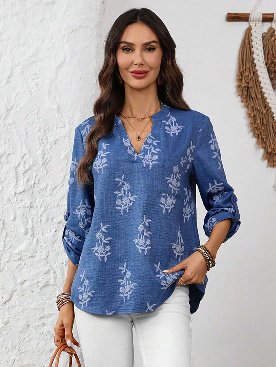 SHEIN LUNE 女士春季印花翻领七分袖衬衫,适合工作场合,休闲款式,蓝色碎花上衣,蓝色女式衬衫,夏季度假衬衫 - 中等水洗藍 - 查看 1