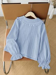 少女休闲校服翻领荷叶边纽扣前襟纹理编织长袖衬衫，返校季 - 淺藍色 - 查看 3