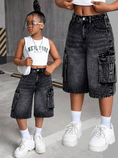 SHEIN Oversized Vintage Blue Denim Shorts For Tween Girls